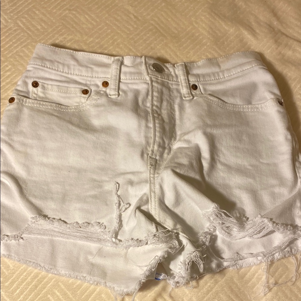 White Distressed Jean Shorts with Frayed Hem